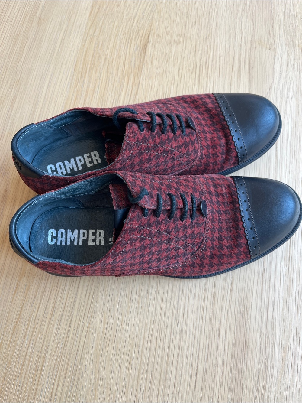 Camper Red Houndstooth Leather Cap-Toe Shoes